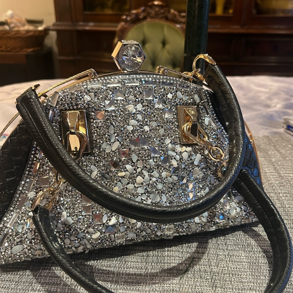 Elegant Black and Silver Embellished Handbag